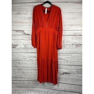 Amadi Dress Women's Large Red Textured V Neck Midi Long Sleeve Boho Made USA
